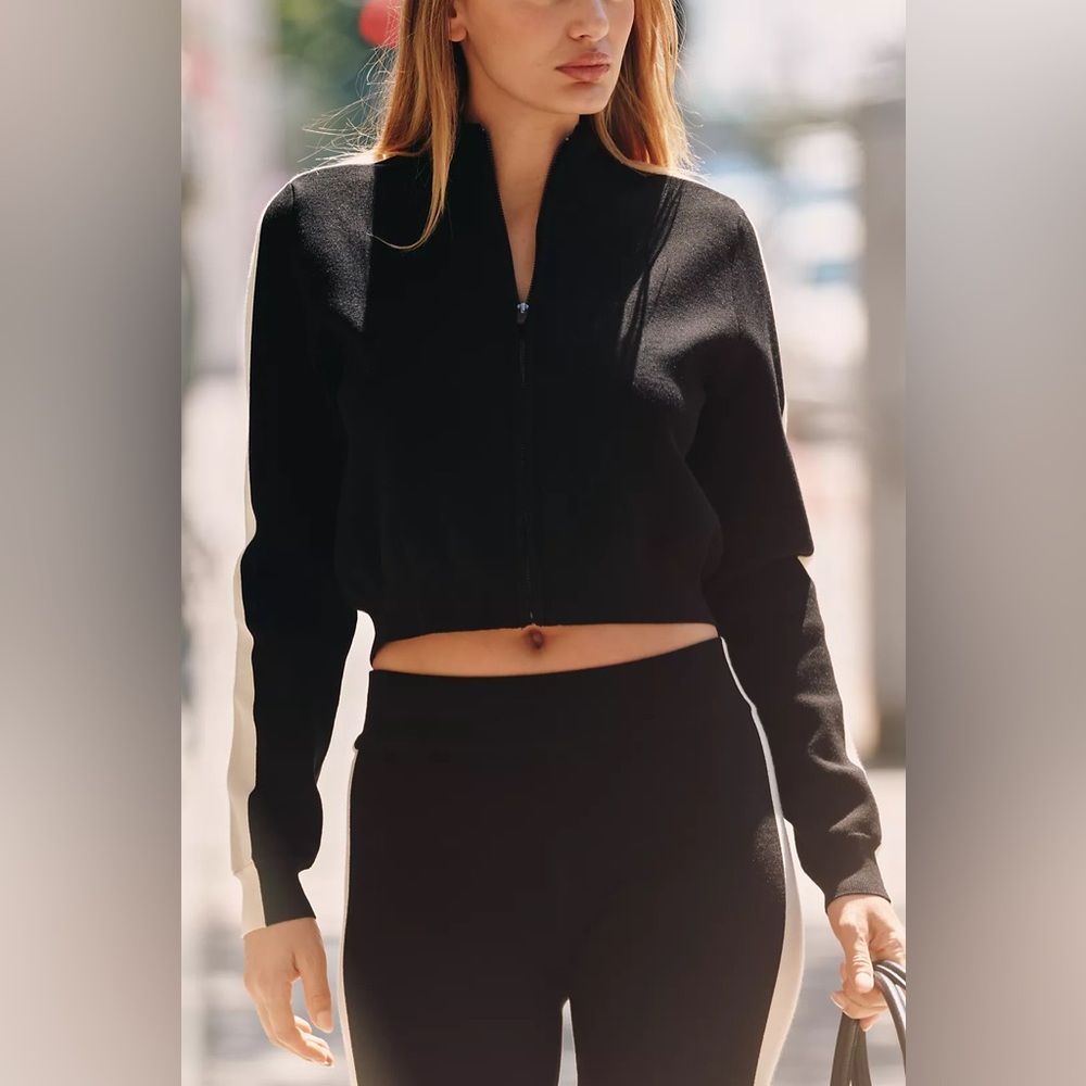 Spiritual Gangster Sz Small Marlow Full-Zip Jacket Black White Cropped Stripe